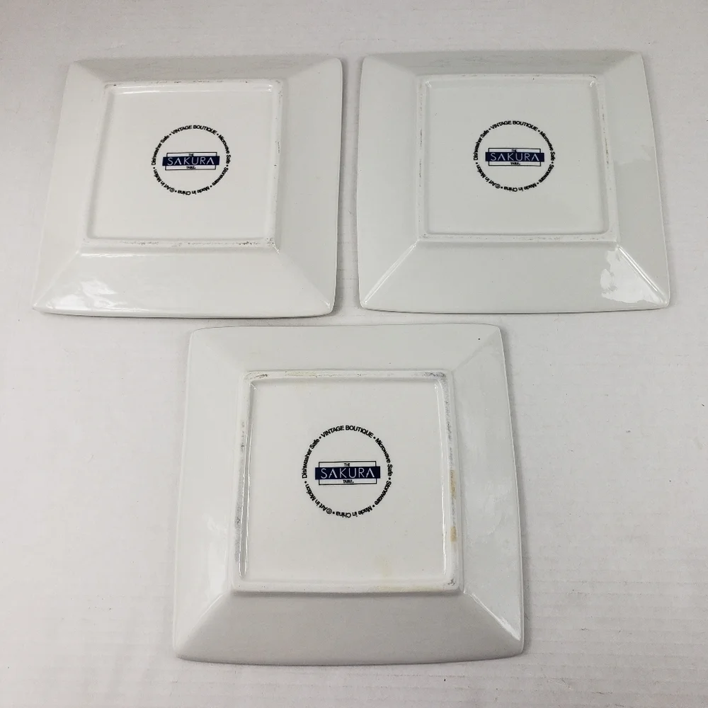 3 Sakura Vintage Boutique Square Stoneware Salad Dessert Plates Paris Motif